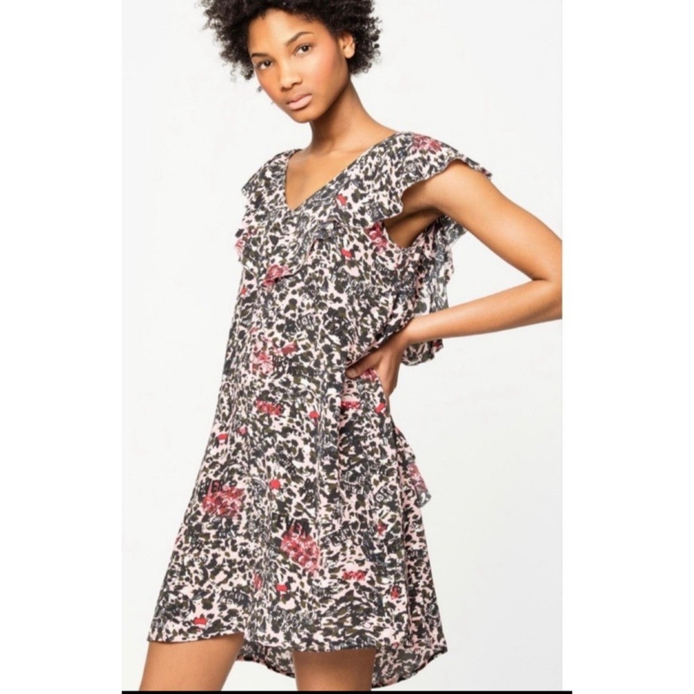 Zadig &‎ Voltaire Reens Leo Mini Dress Small Ruffle Pink Leopard Graffiti Tattoo